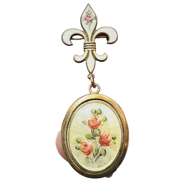 Antique Sterling Silver Yellow Guilloche Fleur De Lis Picture Locket Pin Brooch - Picture 2 of 7